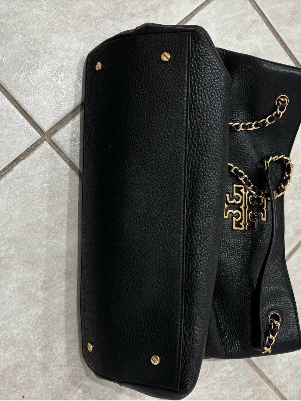 Tory Burch Black Pebbled Leather Shoulder Tote with Gold Chain